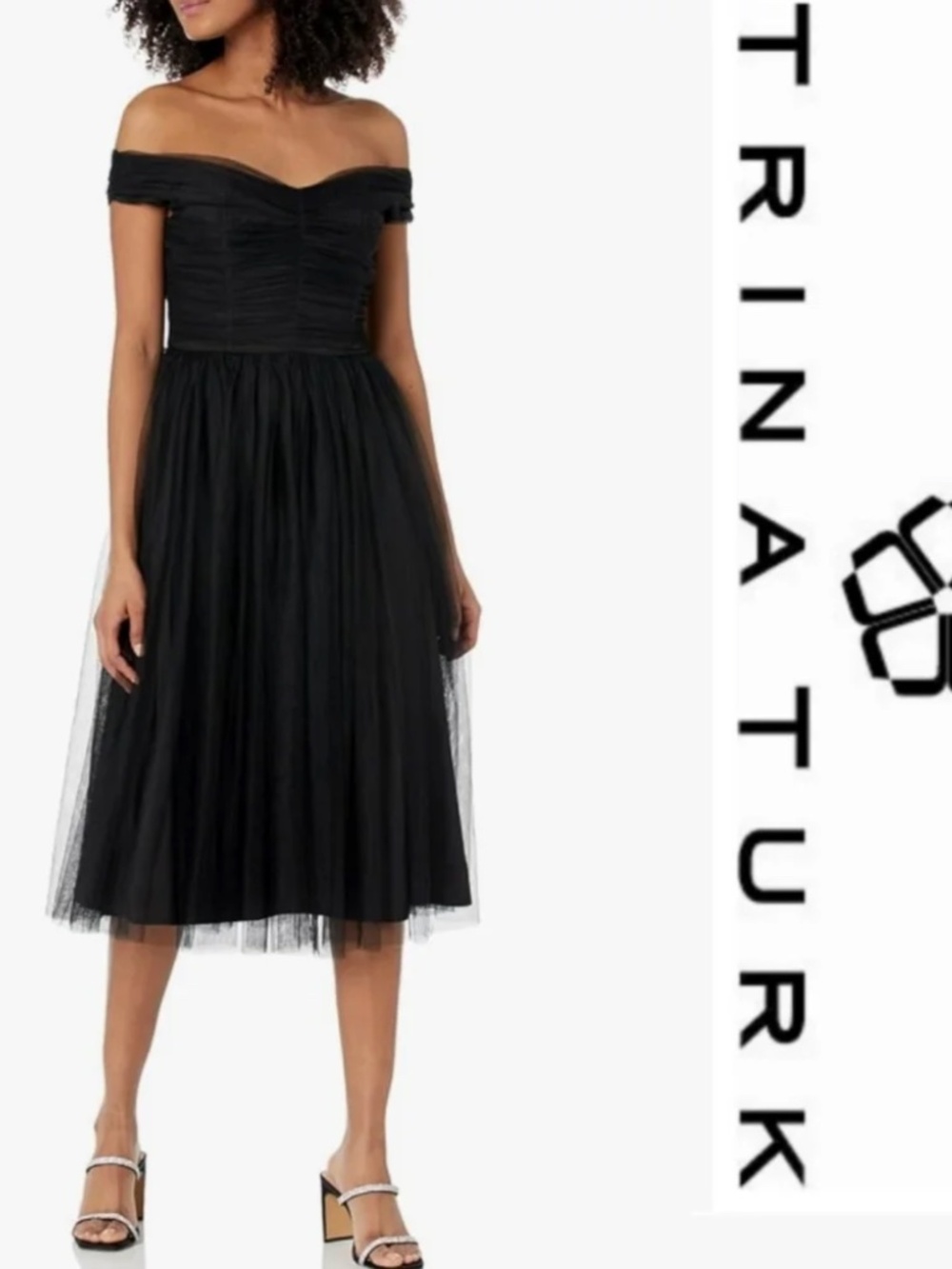 Trina Turk Renai Black Tulle Cocktail Midi Dress